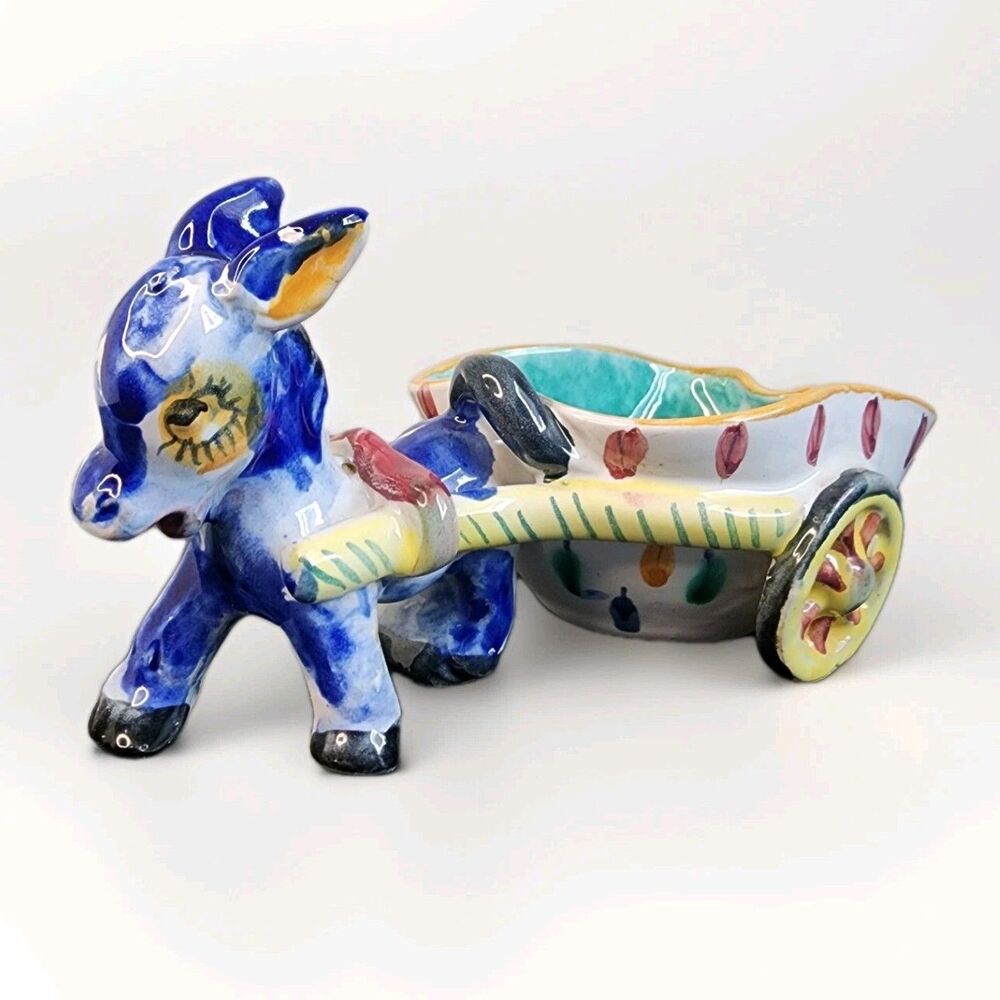 Vintage Hand-Painted Italian Ceramic Donkey Pulling Wagon – Colorful Folk Art
